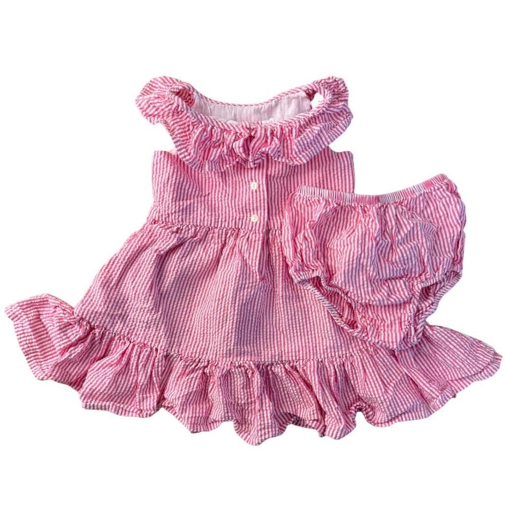 Ralph Lauren Baby Girl Pink White‎ Seersucker Stripe Ruffle Dress Set 9M